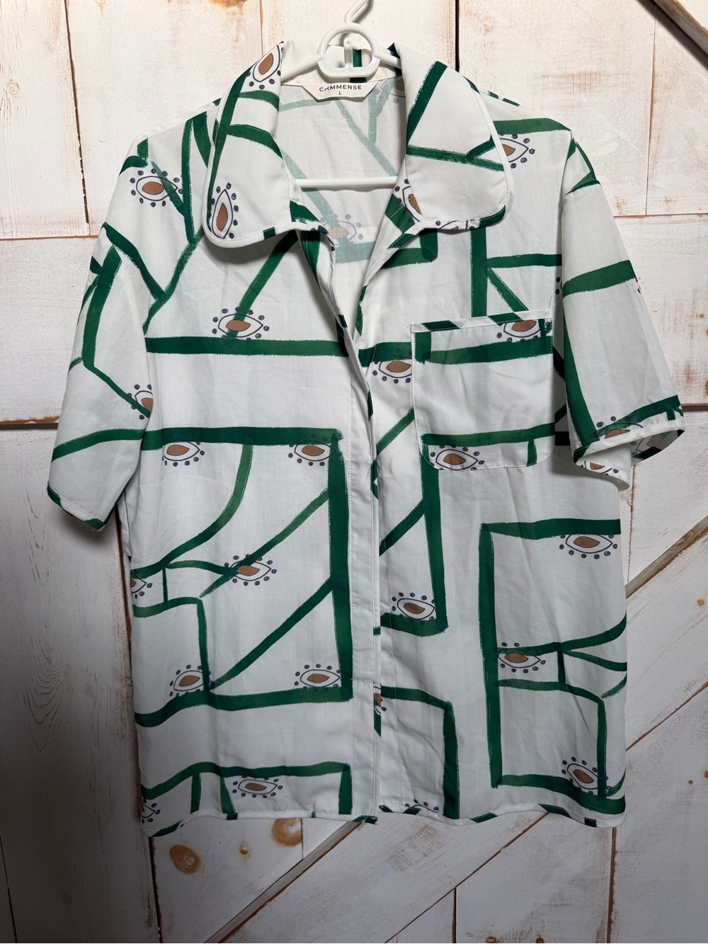 Commense White Shirt with Green Geometric & Brown Accent Print